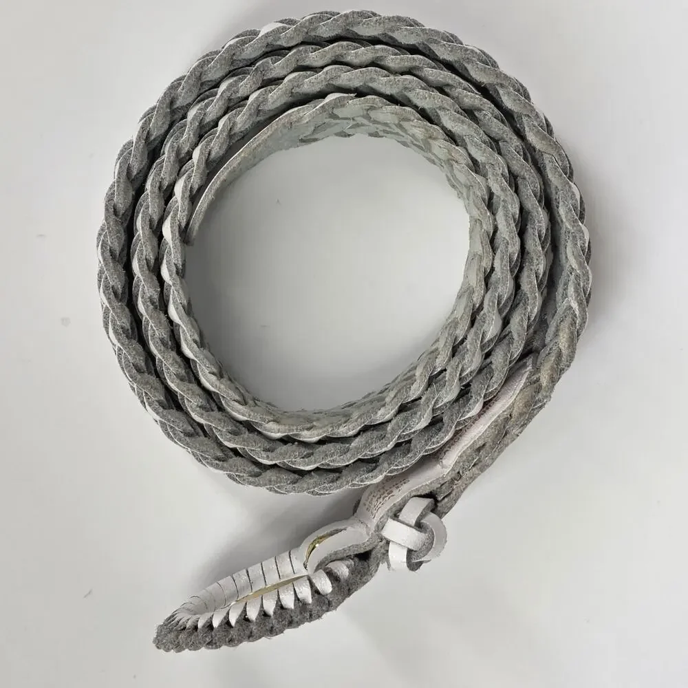 VINTAGE WHITE BRAIDED SPLIT COWHIDE LEATHER BELT – GOLD BUCKLE – SIZE L 38